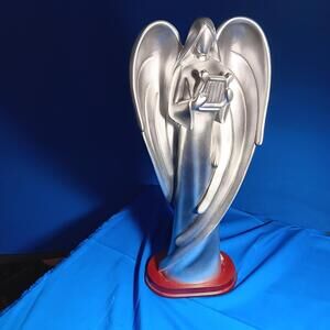 Vintage Large Antique Silver Art Deco Style Angel With Harp Pedestal Sculpture